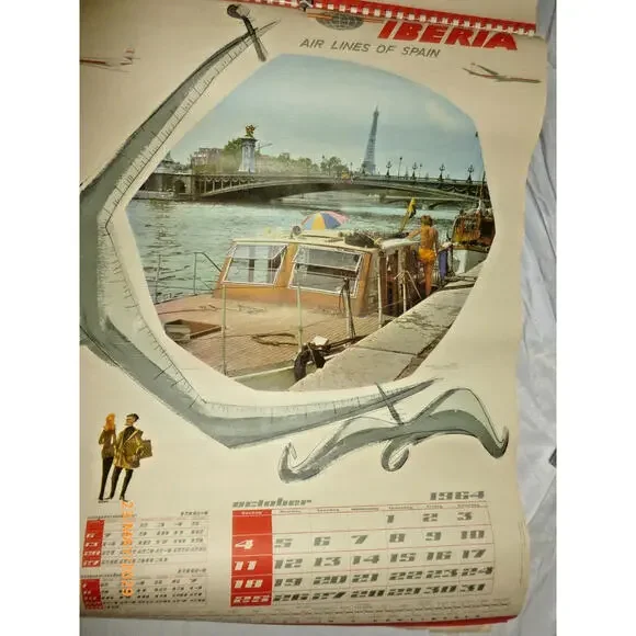 1964 Iberia Airlines Calendar Travel Poster Pages – Lot of 6 Vintage Spain Airli